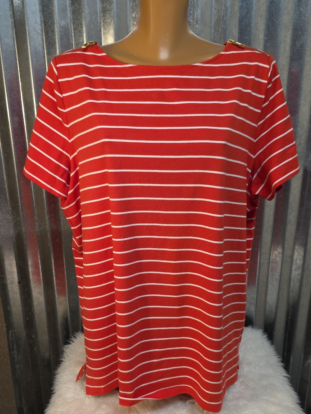 Michael Kors Orange and White Striped Short Sleeve Top w/ Gold Shoulder Accents